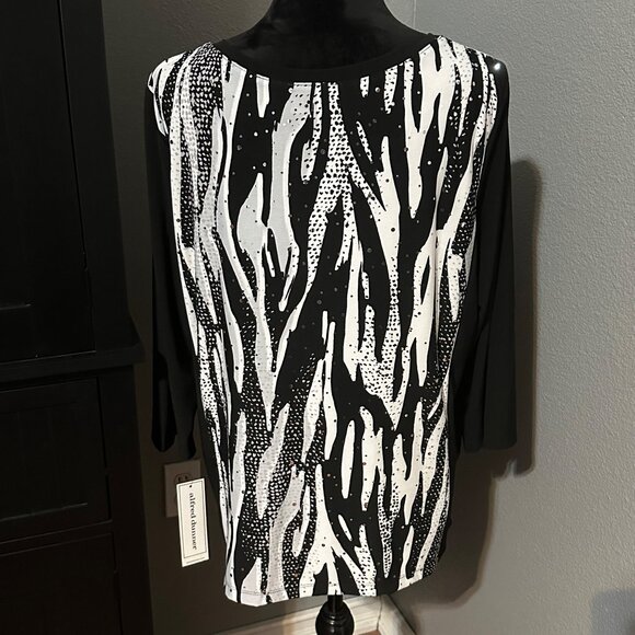 Alfred Dunner Blouse Womens L Black White Animal Print Tunic Top Sequins Dressy - Picture 2 of 10
